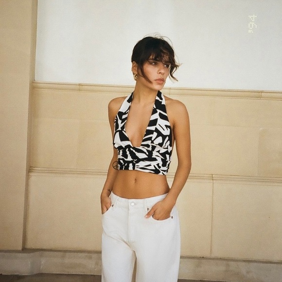 Zara Black and White Printed Linen Blend Halter Top Crop Top Size Small - Picture 2 of 2